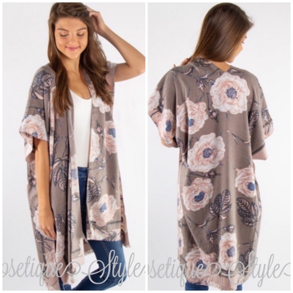Closetique Style Sweaters - Taupe Floral Print Kimono